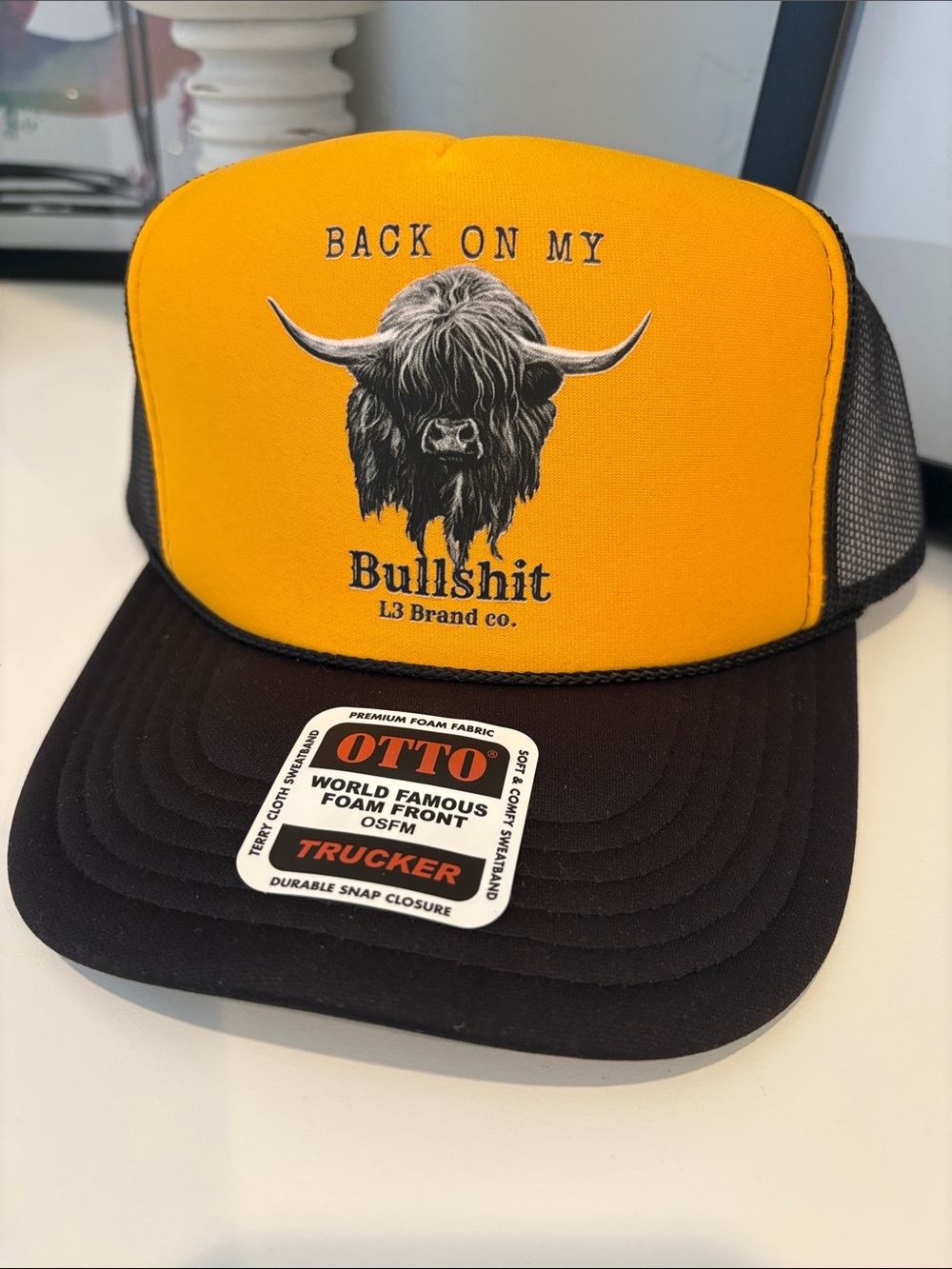 Yellow & Black Trucker Hat with Bull Graphic